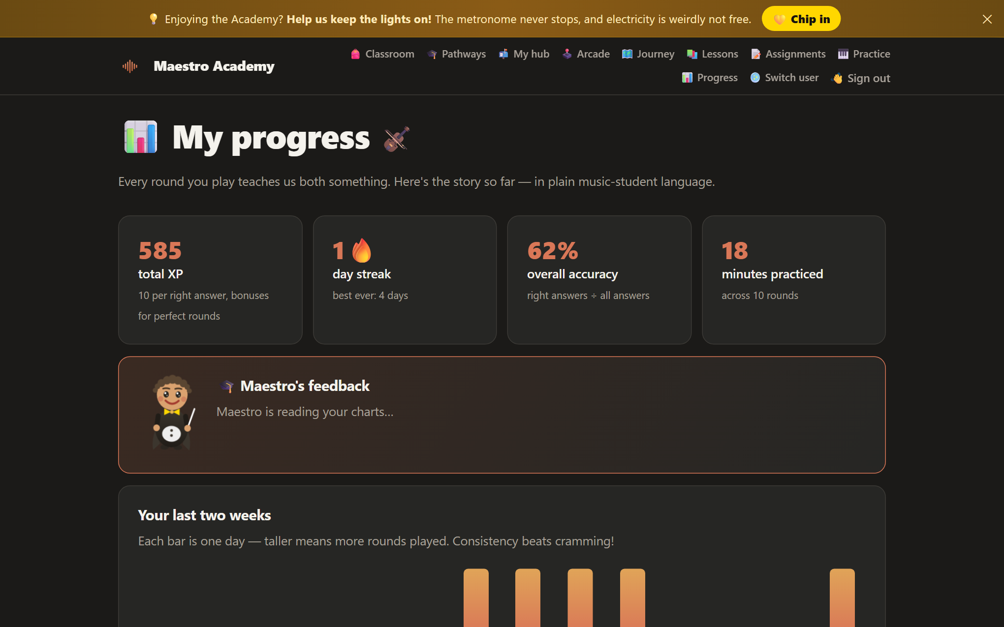 My progress page with XP, streak, accuracy and practice history