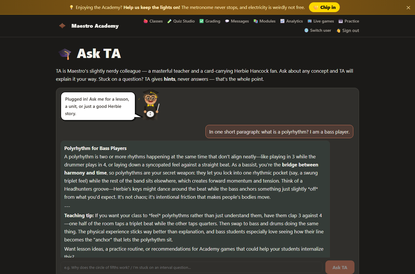 TA answering a bass player's polyrhythm question with a teaching tip