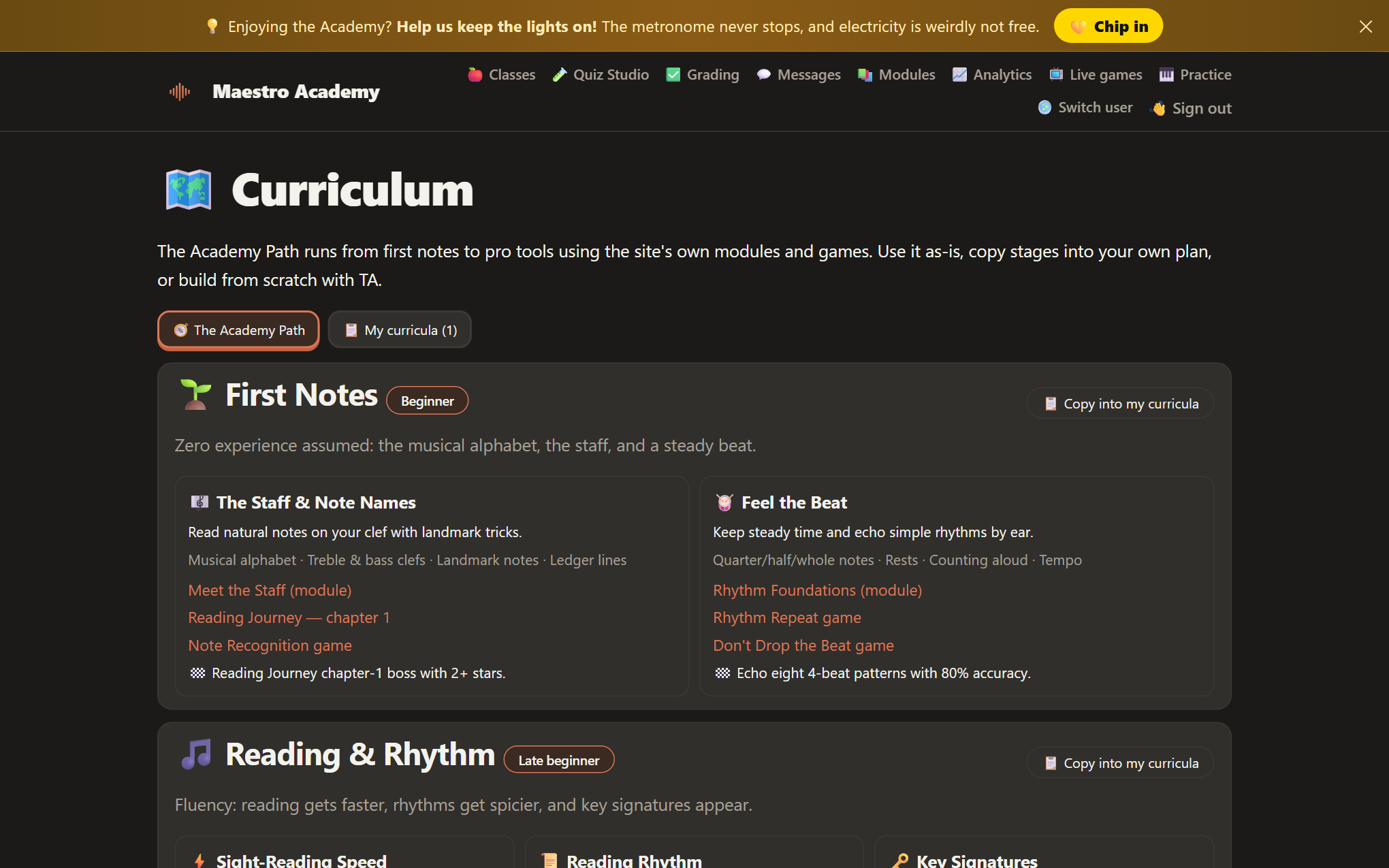 The Academy Path curriculum with staged units from beginner to pro