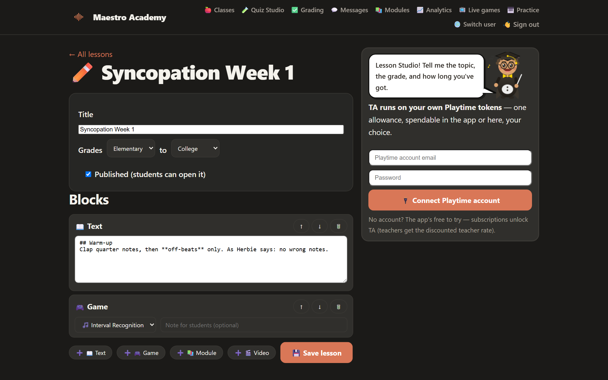 Lesson Studio editing a syncopation lesson with text and game blocks and the TA panel
