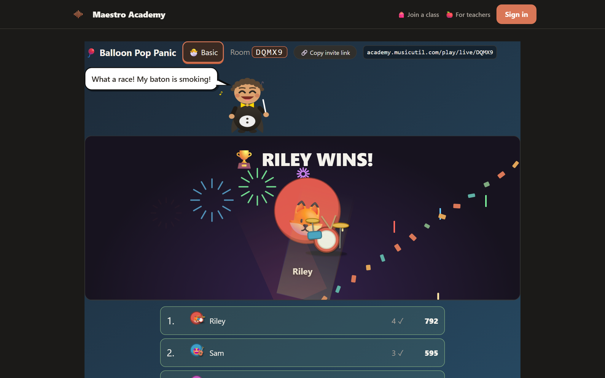 Jam finale with fireworks and the winning avatar playing drums