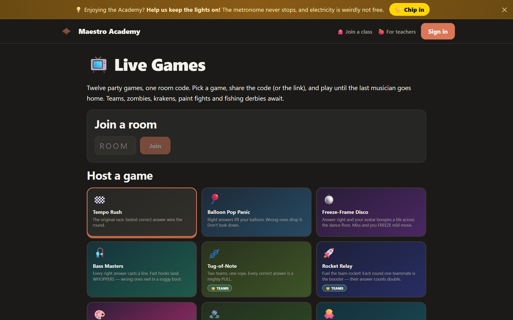Maestro Academy live games gallery showing twelve party game cards