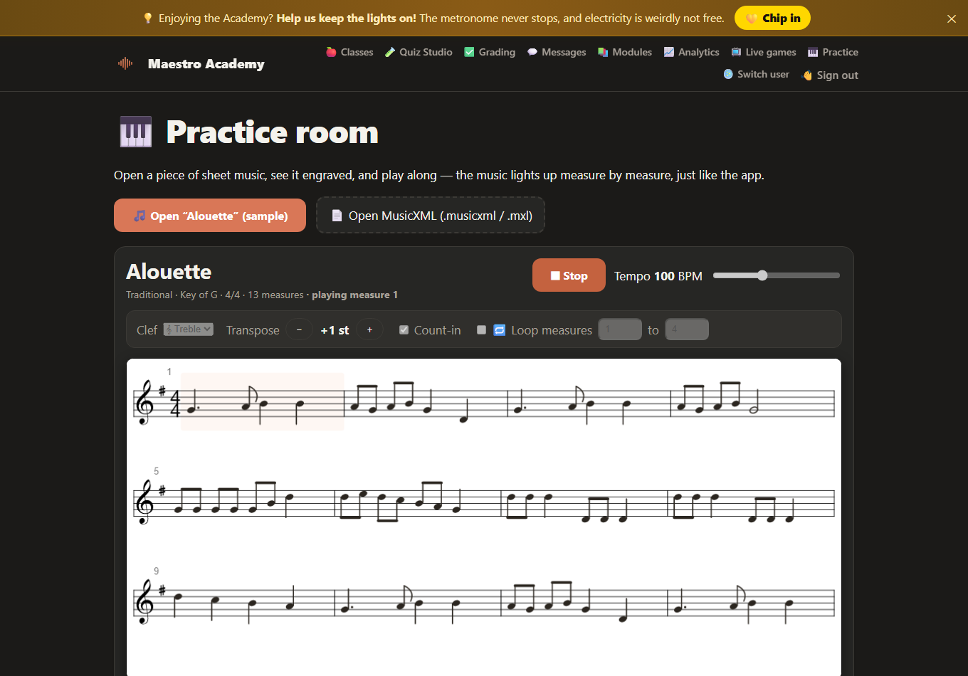 The practice room playing Alouette with a moving measure highlight