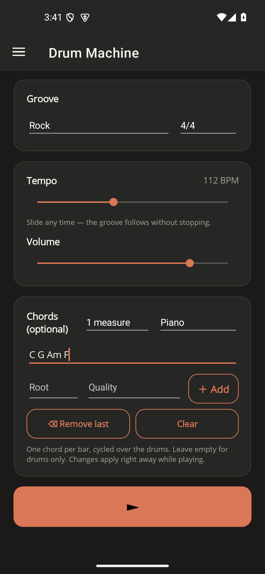 Drum Machine with a rock groove at 112 BPM and a C G Am F chord loop