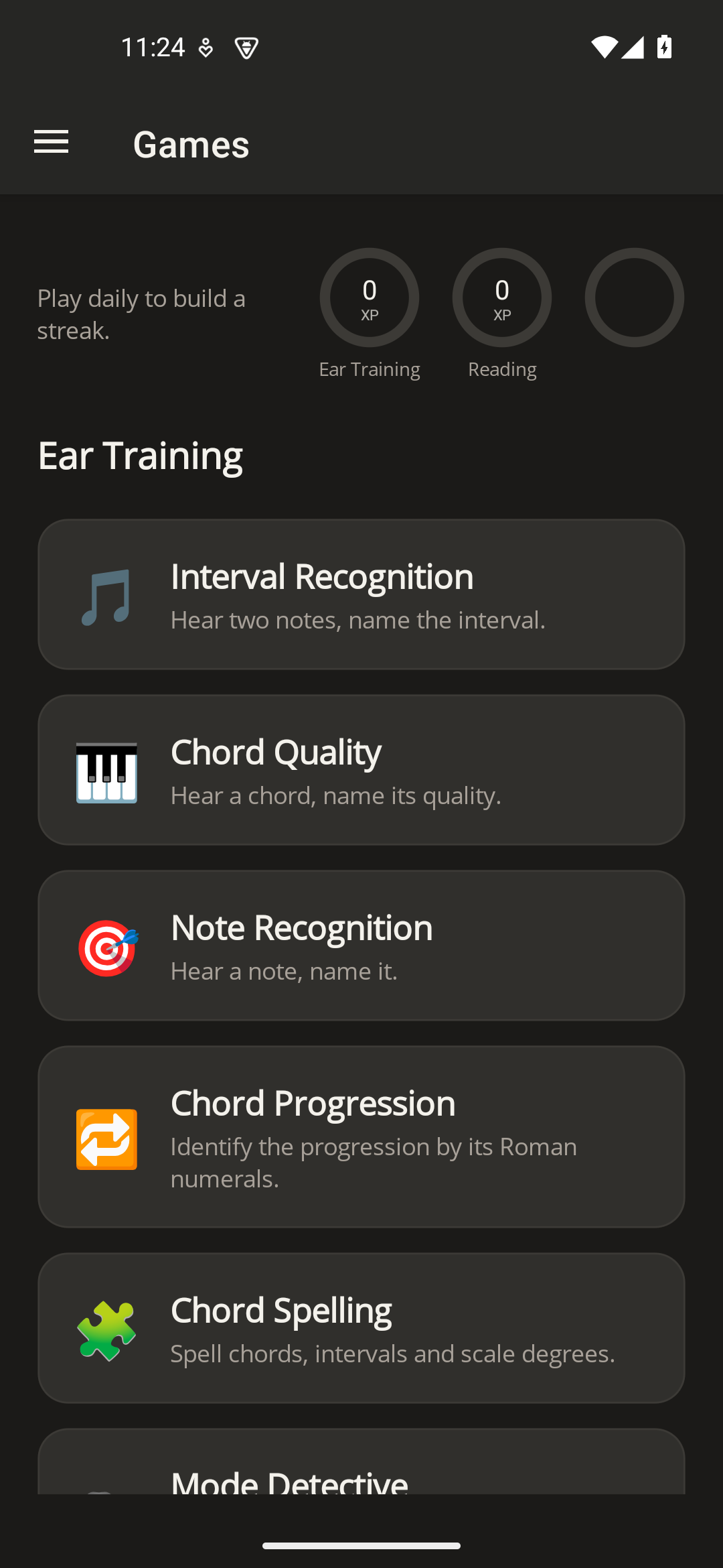 SAH games hub listing ear-training games with daily XP rings