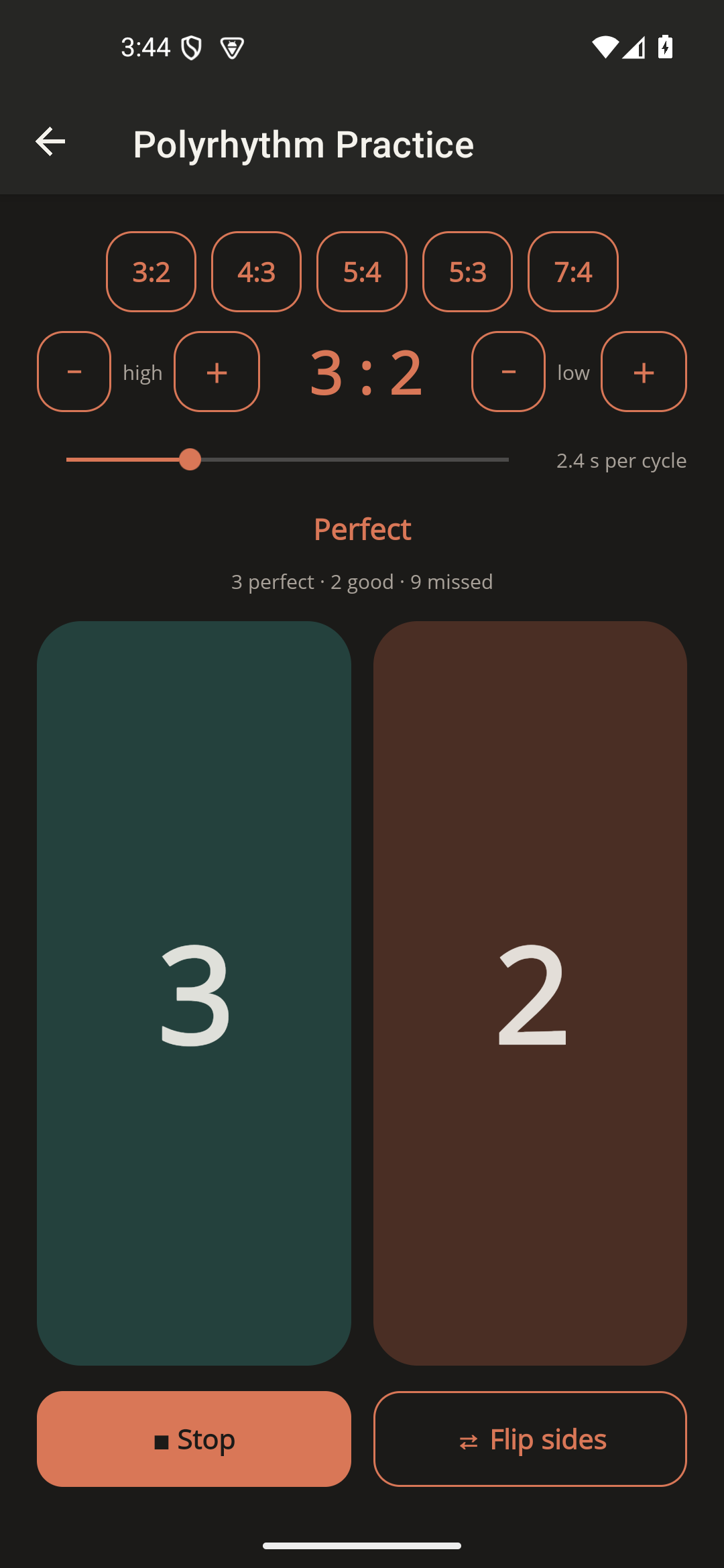 Polyrhythm Practice screen grading taps as Perfect while playing 3 against 2