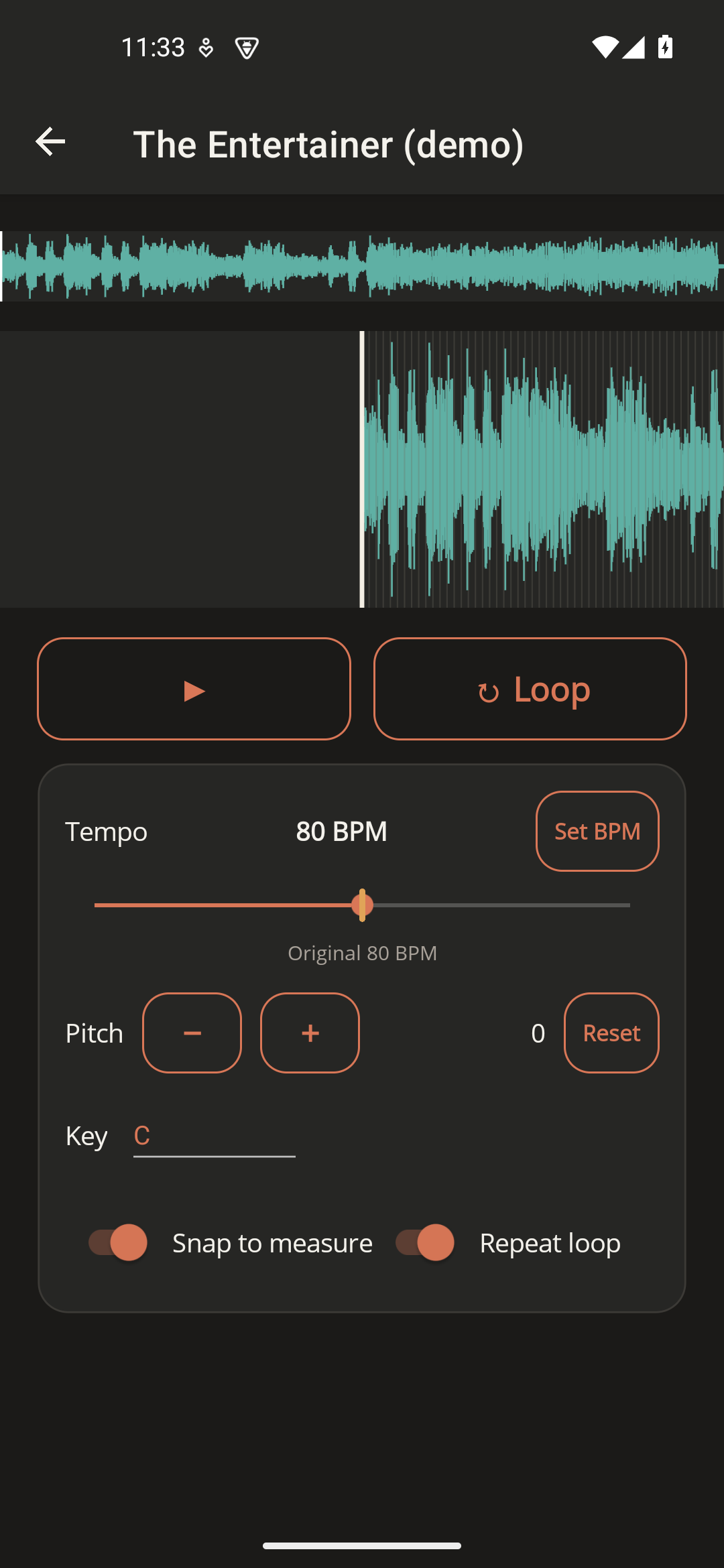 SAH practice player showing a waveform with speed, pitch and loop controls