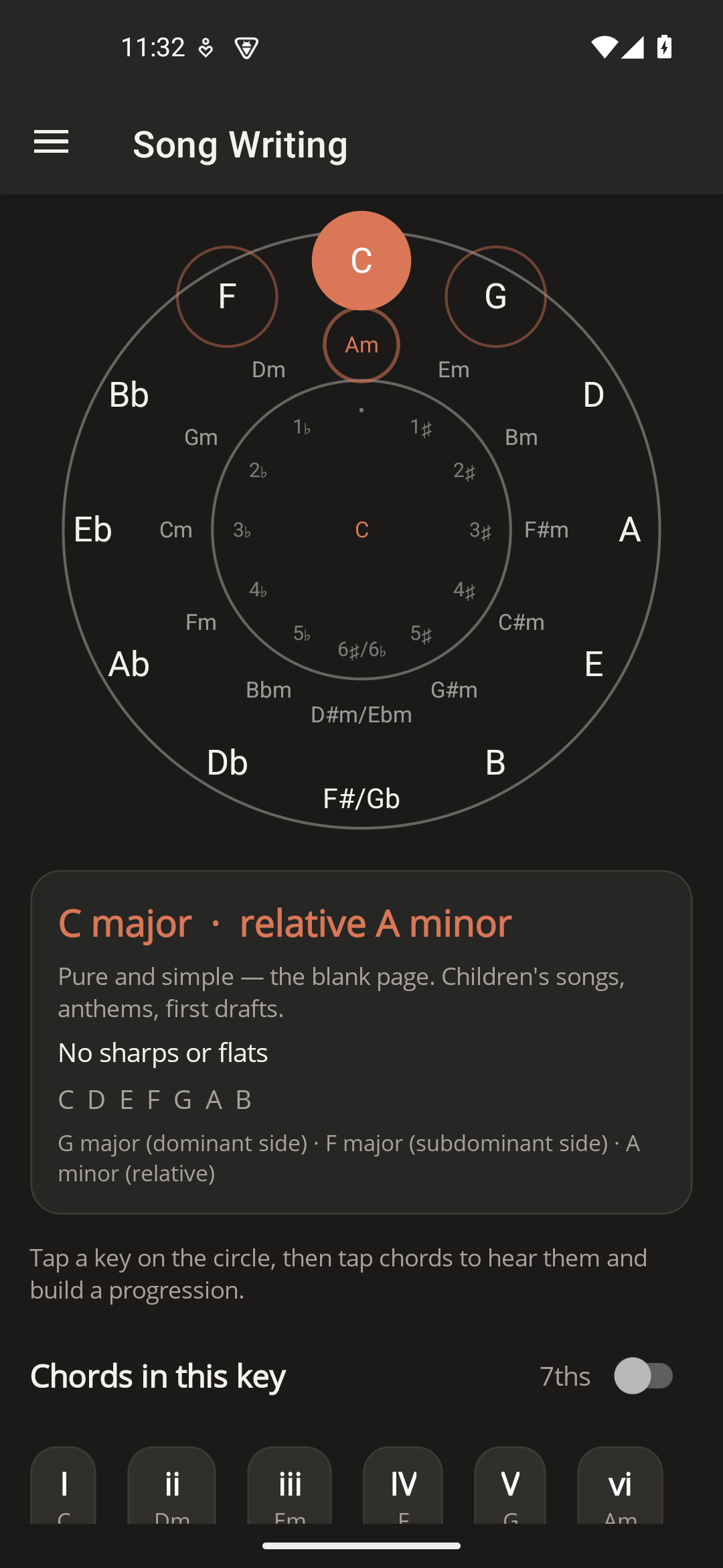 SAH Song Writing screen with an interactive circle of fifths and the chords in C major